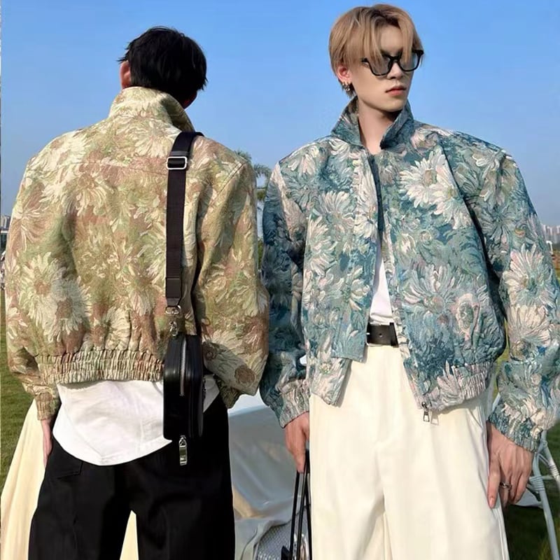 [Hisho Series] ★Floral pattern jacket★ 2color oil painting style outerwear unisex men's green blue short length