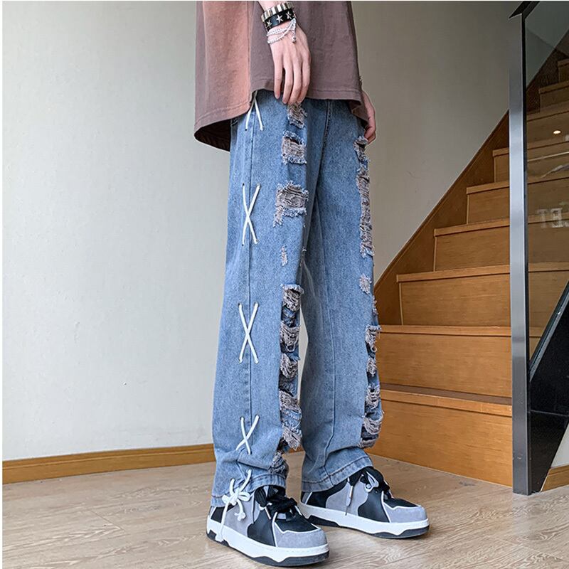 [YANDAN Series]★Denim pants★Bottoms Pants Unisex Men's Distressed Blue Blue Design Stylish