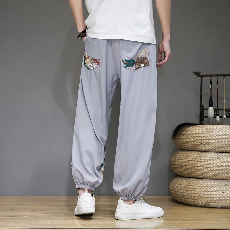 [Ushio Hyakudan Series]★China style trousers★2color embroidery thin cool summer unisex black gray large size