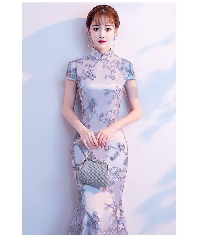 [Bride series] ★Cheongsam dress★ Dress Embroidered Mermaid line Beautiful SML Slimming Silver Gray