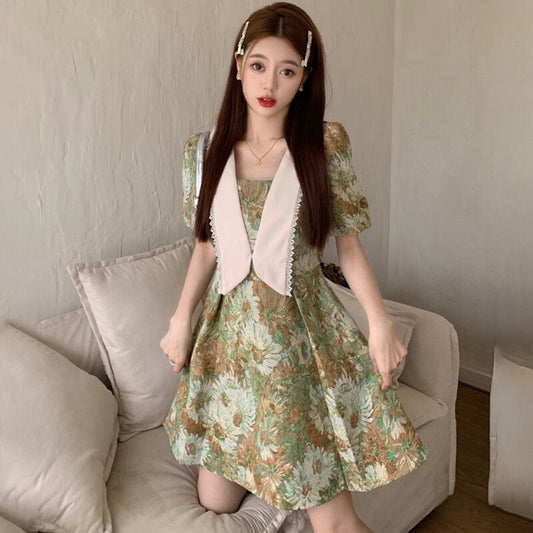 [MEIYI Series] ★One Piece★ Large Size Switching Cute Oil Painting Style Summer Clothes Summer Dress Date Photography Commuting Green Floral Pattern