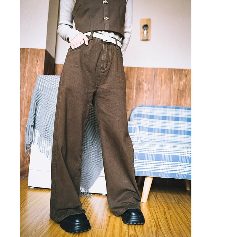 [Kokaisha---Jiku Brownma Series] ★Denim pants with belt★ Brushed lining, thick bottoms, pants, cotton, easy to match