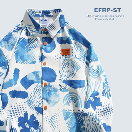 [EFRP Series]★Shirt★ 2color Tops Unisex Men's Blue Yellow Floral Pattern ML XL 2XL Print