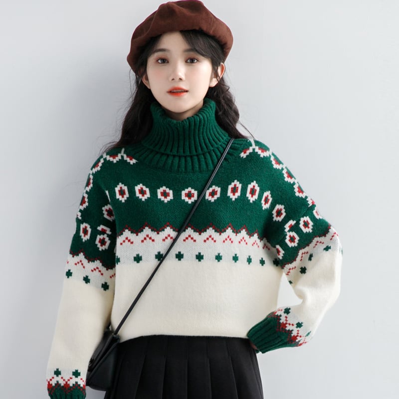 [ZISUO Series]★Sweater★ 2color Tops Christmas Red Green High Neck Thick Warm