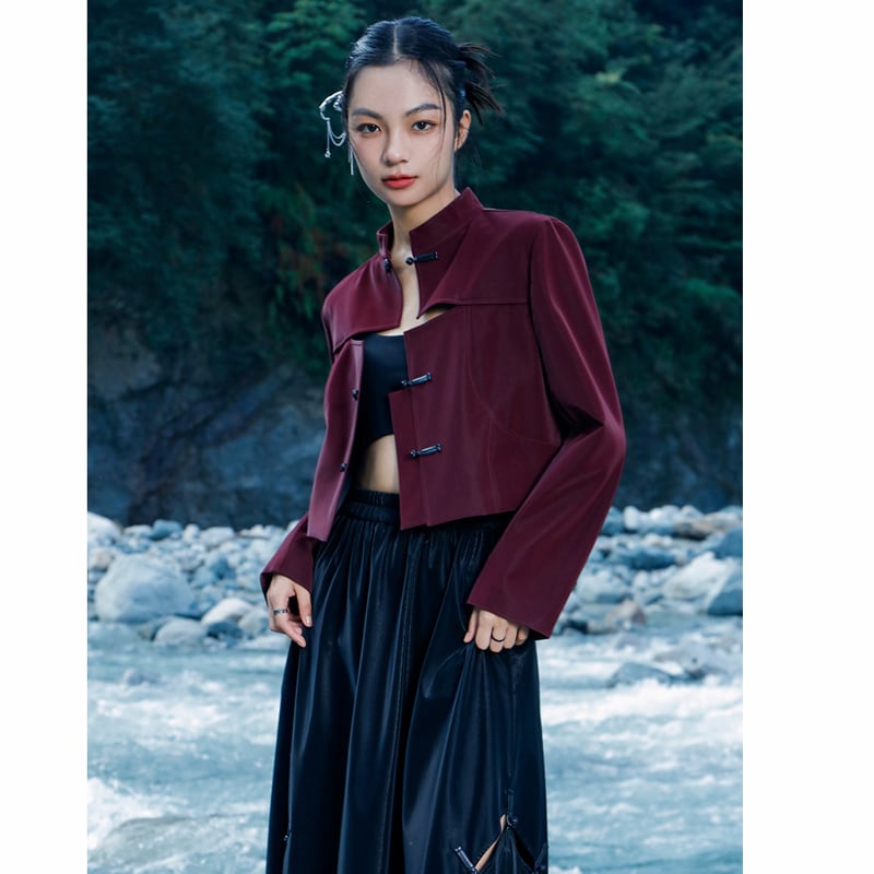 [Big Blue Dragon Series] ★China style outerwear★ PU jacket China button openwork wine red red