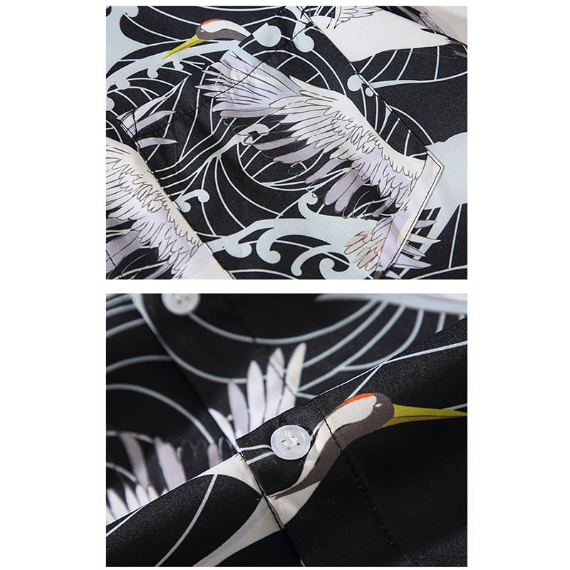 [YISHUO Series]★Shirt★ Tops, short sleeve shirt, unisex, men's, large size, crane pattern print