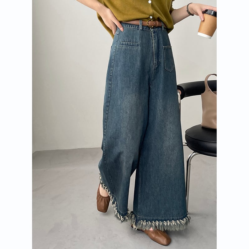 [Togawa Series] ★Denim Pants★ Gaucho Pants Trousers Bottoms Wide Pants Blue Blue ML