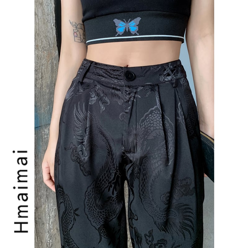 [Hmaimai Series]★Chinese style trousers★ Dragon crest Chinese clothing Dragon bottoms SML Black Black Casual Chinese clothing Cool