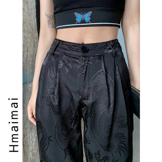 [Hmaimai Series]★Chinese style trousers★ Dragon crest Chinese clothing Dragon bottoms SML Black Black Casual Chinese clothing Cool