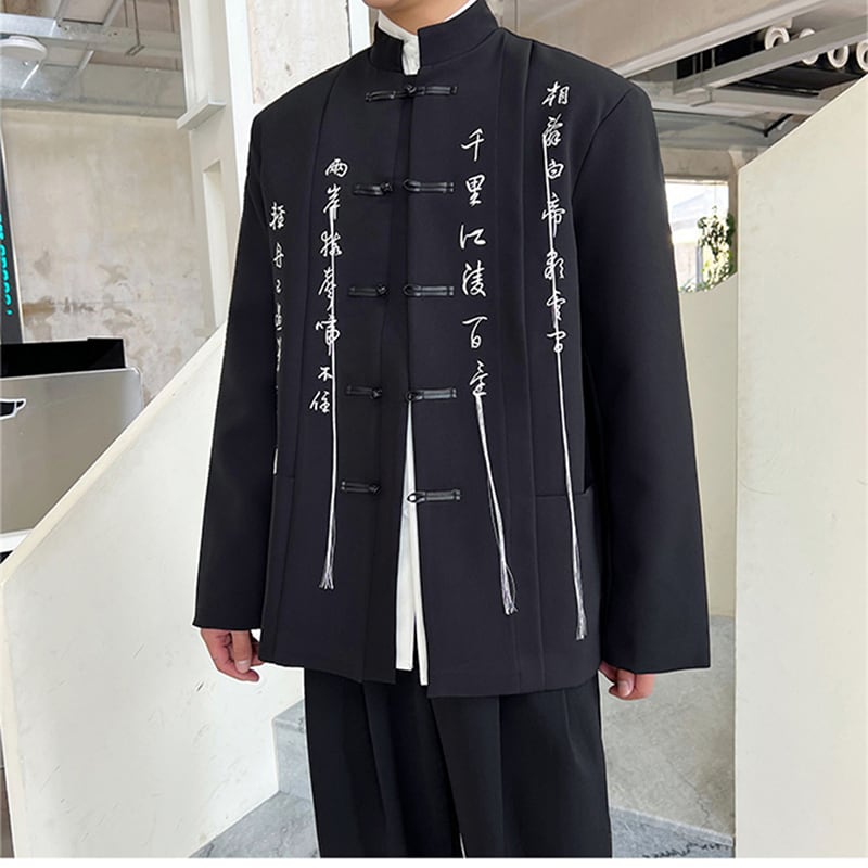 [Illustrated series] ★China style jacket★ Outerwear, unisex, men's black, black text pattern, cool