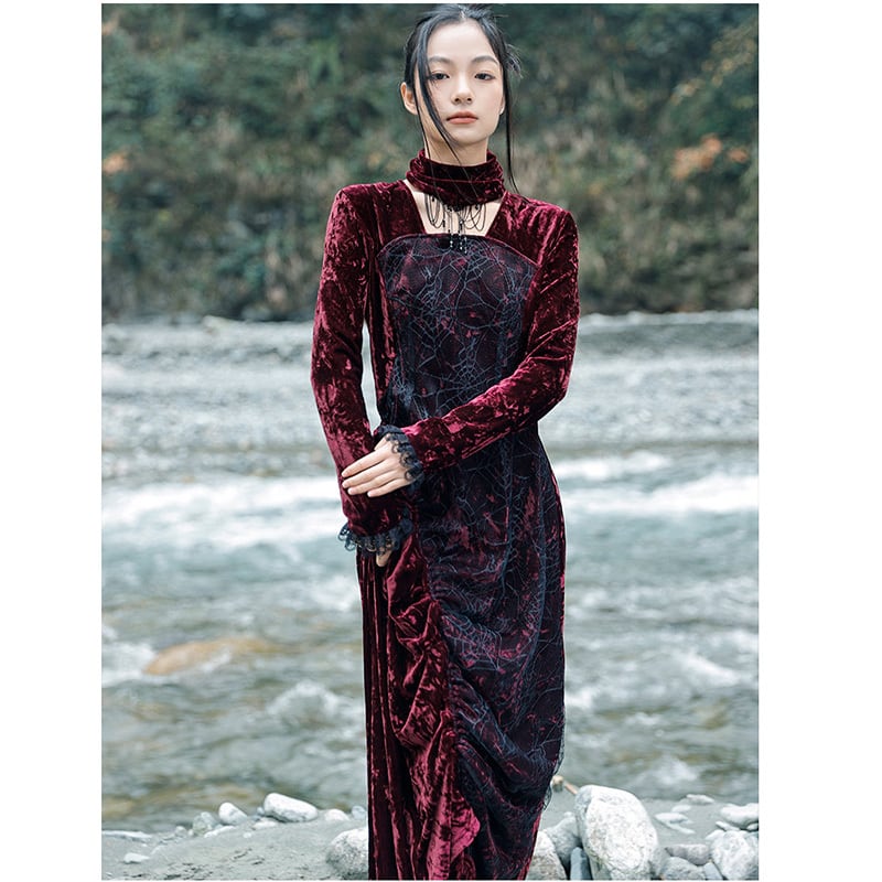 [Daiseiryusu Series] ★China style dress★ Long length velvet wine red red original retro