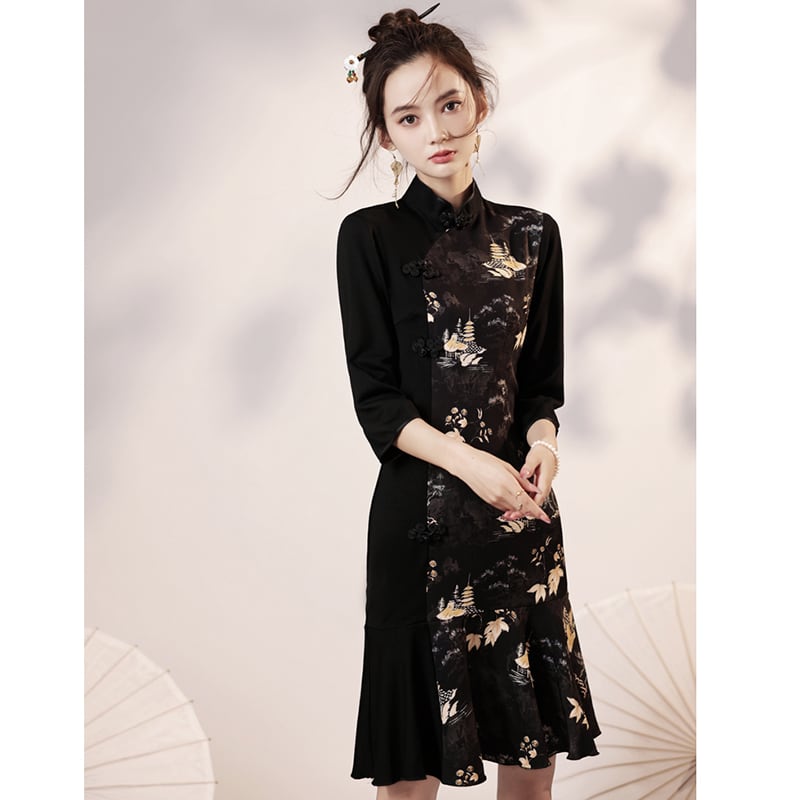 [YUEQIAO Series]★Cheongsam dress★China style dress Mermaid line Temperament enhancement Long sleeve Switchable