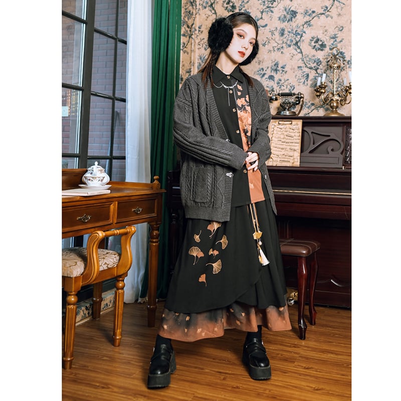 [Kokaisha --- Leaf Series] ★China style skirt★ Bottoms Switching Color scheme Floral print Black Black