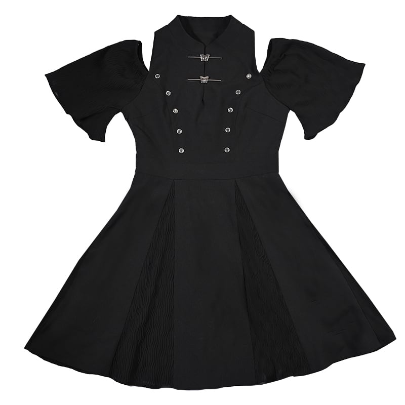 [Kokaisha---Dark Series]★China style dress★ Off-the-shoulder short length slimming original black black SML date