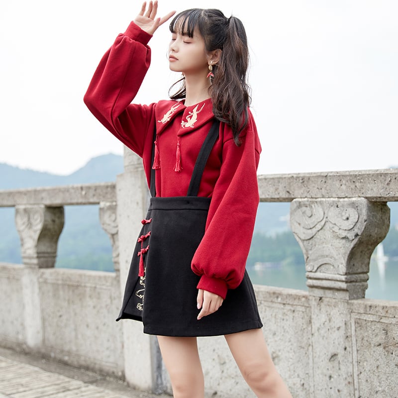 [Kokucho Series]★China style setup, single item order★ Tops or hanging skirt SML XL Red Black Cute