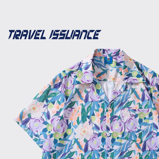 【TRAVEL ISSUANCEシリーズ】★シャツ★ 2color ハワイ アロハシャツ プリント 油絵風 男女兼用 メンズ 可愛い