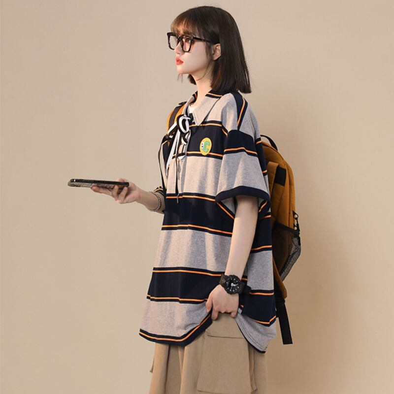 [CHAOMEICHEN Series]★Polo shirt★ 3color tops, short sleeve T-shirt, unisex, men's, striped pattern, horizontal stripes