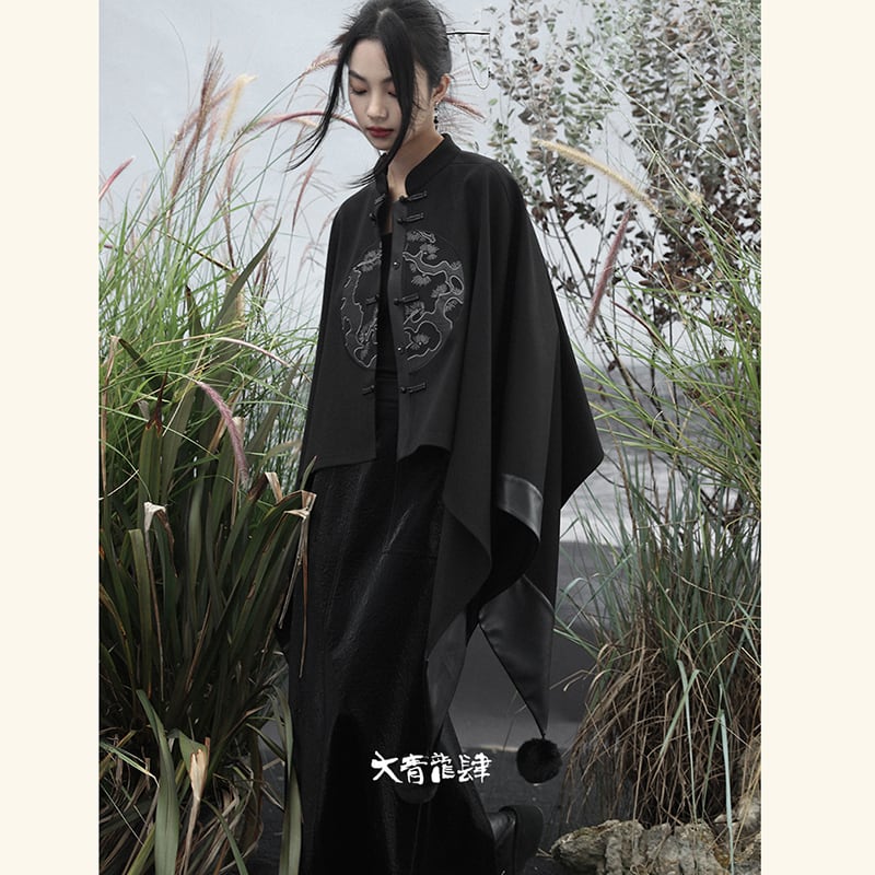 [Da Qinglong Shu Series] ★China style outerwear★ Cloak coat Rasha embroidery Chinese clothing Black Black Irregular