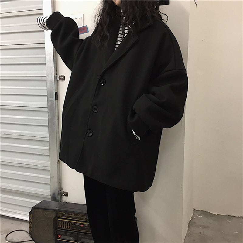 [Miyakoya Series] ★Trench coat★ Rasha Unisex Thick Warm Black Black ML Plain Simple Harajuku style Easy to match