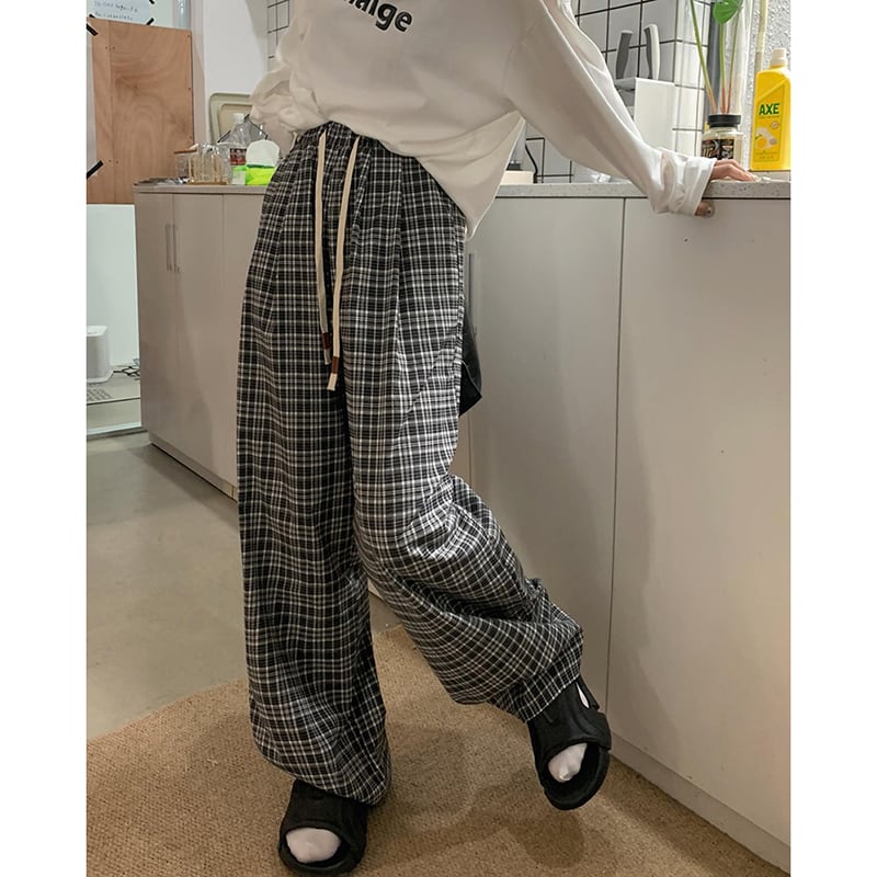 [Kumikumi Series] ★Casual Pants★ 2color Bottoms Trousers Casual Plaid Pattern Black Coffee Color Elastic Waist