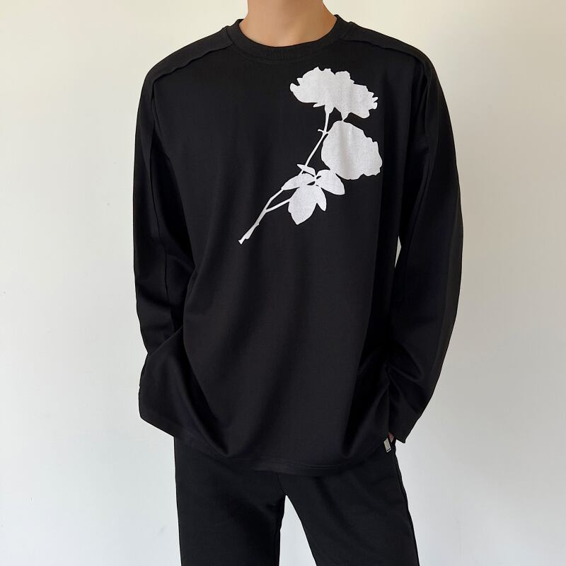 [Illustrated series] ★T-shirt★ 2color tops long sleeve T-shirt unisex men's simple floral pattern black white