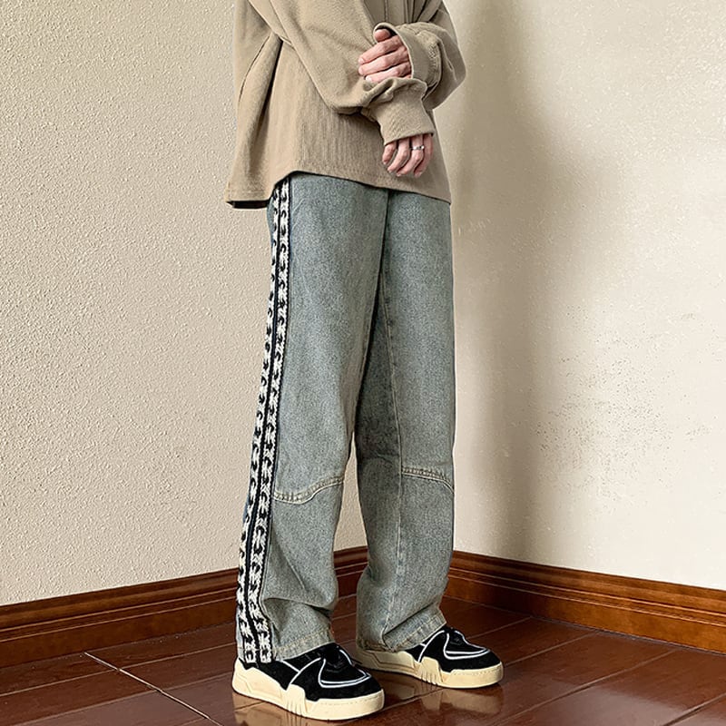 [High Series]★Casual Pants★ 2color Trousers Bottoms Denim Pants Vertical Stripes Plaid Pattern Blue Black