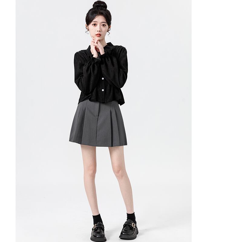 [WEIWU Series]★Shirt★ Tops Ladies Short Length Corduroy Black Cute Stylish