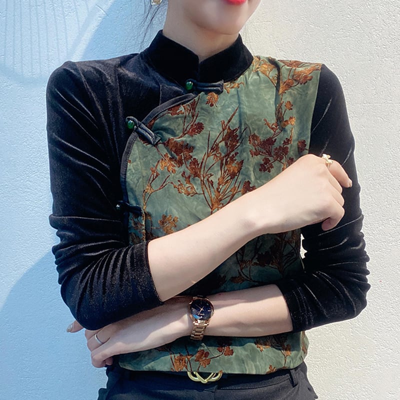 [XUAN series]★China style shirt★ 2color Chinese style tops velvet floral pattern switching large size