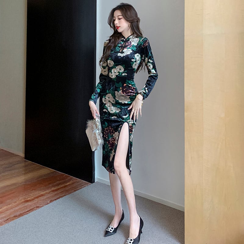 [Kakuya Series] ★China style dress★ Improved cheongsam dress velvet floral pattern sexy SML