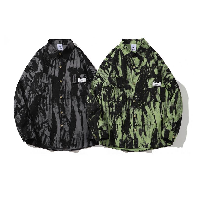 [GXFortune Series] ★Retro Shirt★ 2color Print Long Sleeve Shirt Tops Loose Casual Black Gray Green