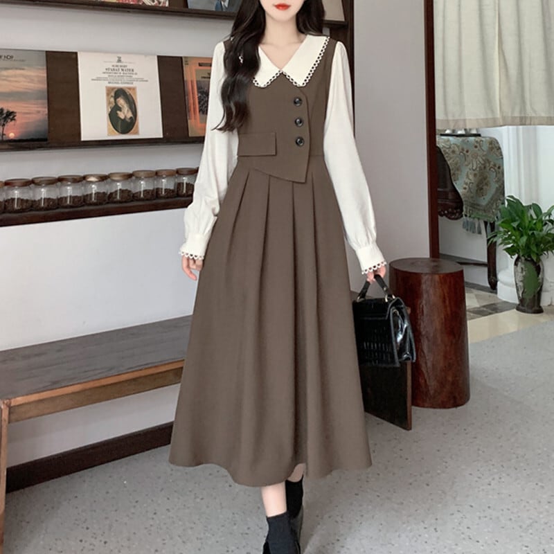 [Dong Xiaojie Series] ★Long Sleeve Dress★ Large Size Women's Dress Faux Layered Dark Brown