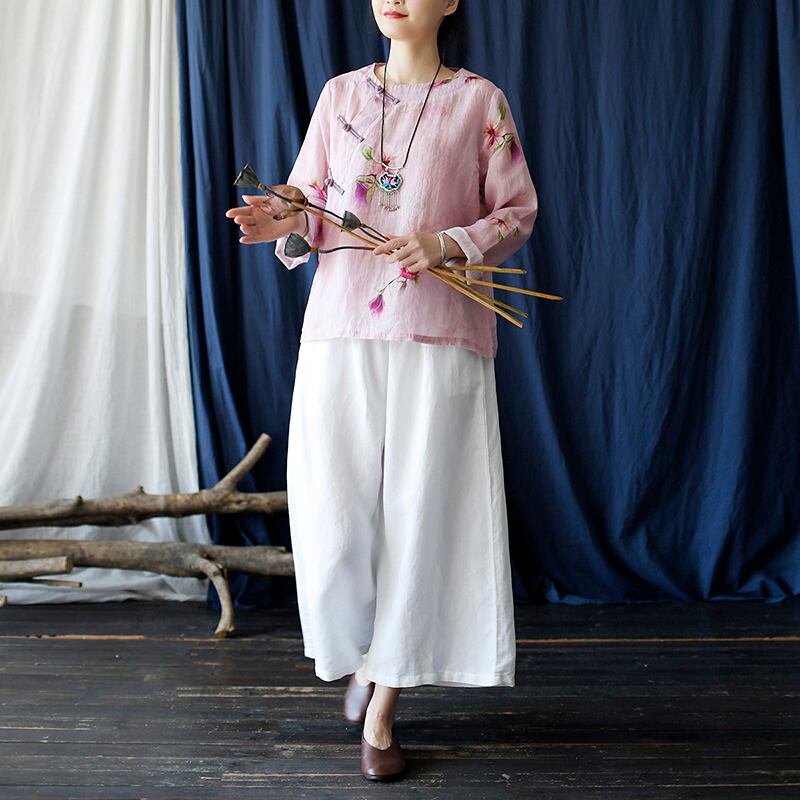 [Light ink series] ★China style tops★ Shirt Improved temperament Improved Tang suit Thin floral pattern Pink China button