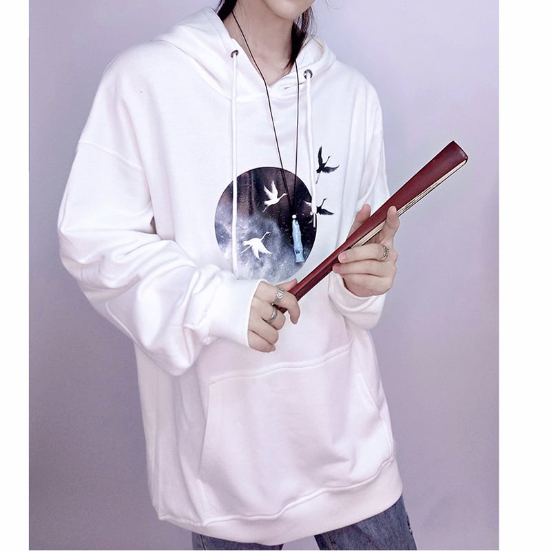 [Kuraho Koya Series] ★China style hoodie★ 2color black or white tops unisex crane with hat ML XL 2XL