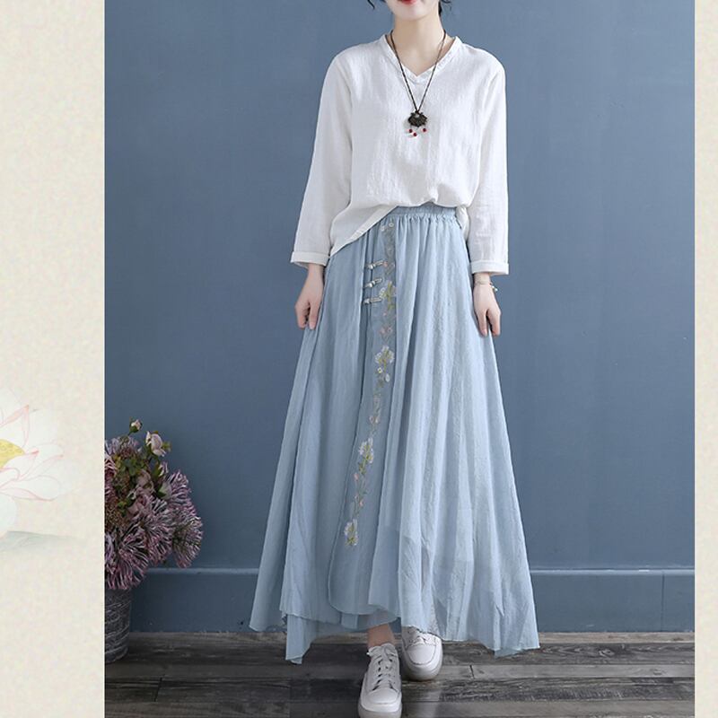 [Qing series]★China style skirt★ 3color bottoms cotton linen embroidery A-line black blue white