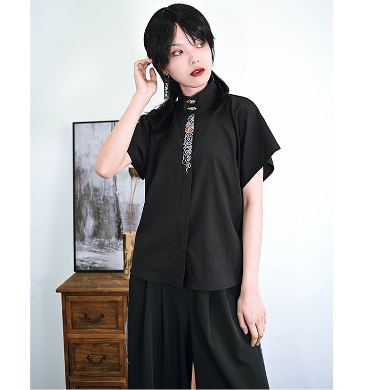 [Ancient monster --- butterfly effect series] ★China style top★ Blazer short sleeve embroidery butterfly short length black black