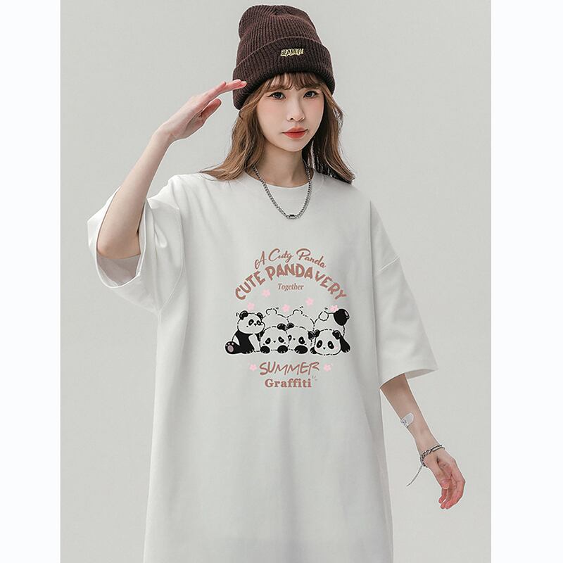 【SENSUシリーズ】★Tシャツ★ トップス 3color 男女兼用 メンズ パンダ柄 カートゥーン アプリコット ホワイト コーヒー色