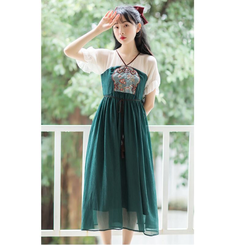 [Shogunsho series]★Hanfu dress★ Embroidery Casual wear Chiffon V-neck Green Green Coming-of-age ceremony SML XL Green Green