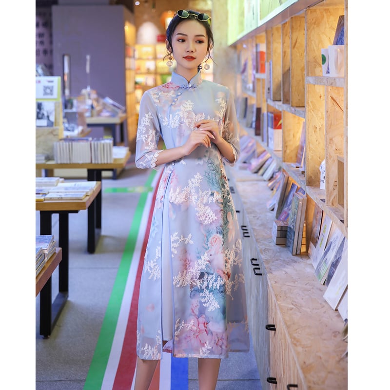 [Iga series] Improved Chinese dress in 3 colors, medium sleeves, beige, blue, pink, floral pattern, elegant