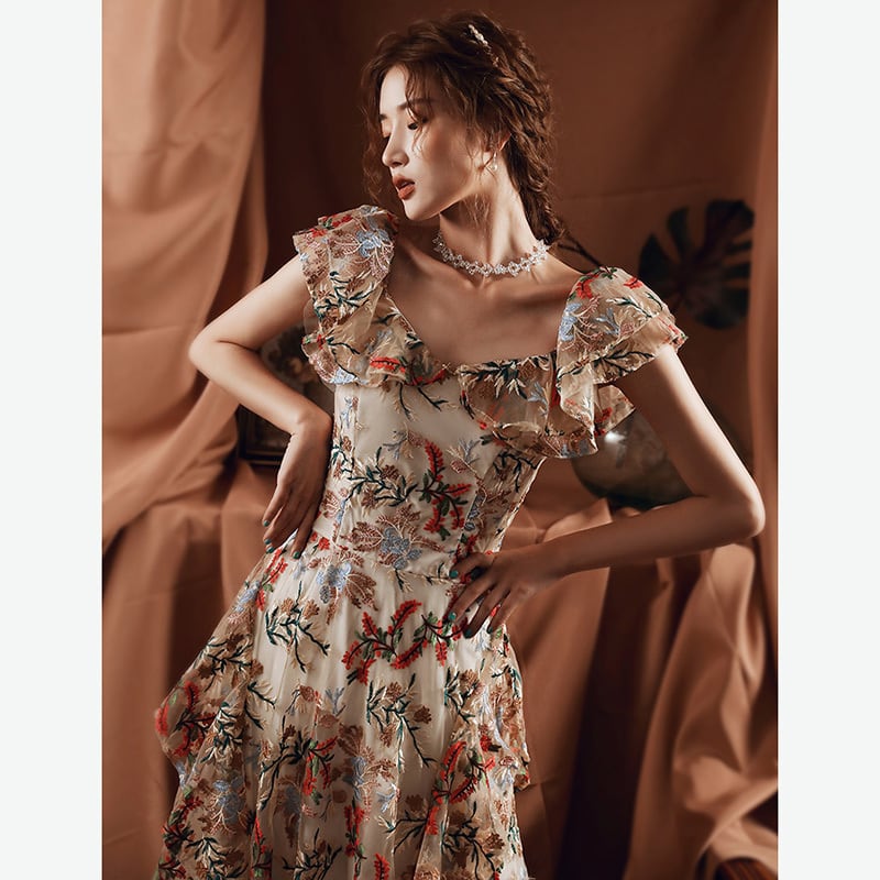 [YUWANRU Series] ★Party Dress★ Embroidery Dress Floral Pattern Sexy Party Dress Wedding