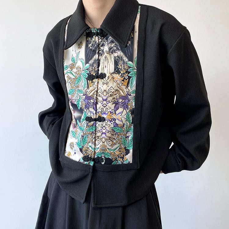 [Kai Chao Fubon Series]★China Style Shirt★ Tops Print China Button Unisex Chinese Clothes Black Black