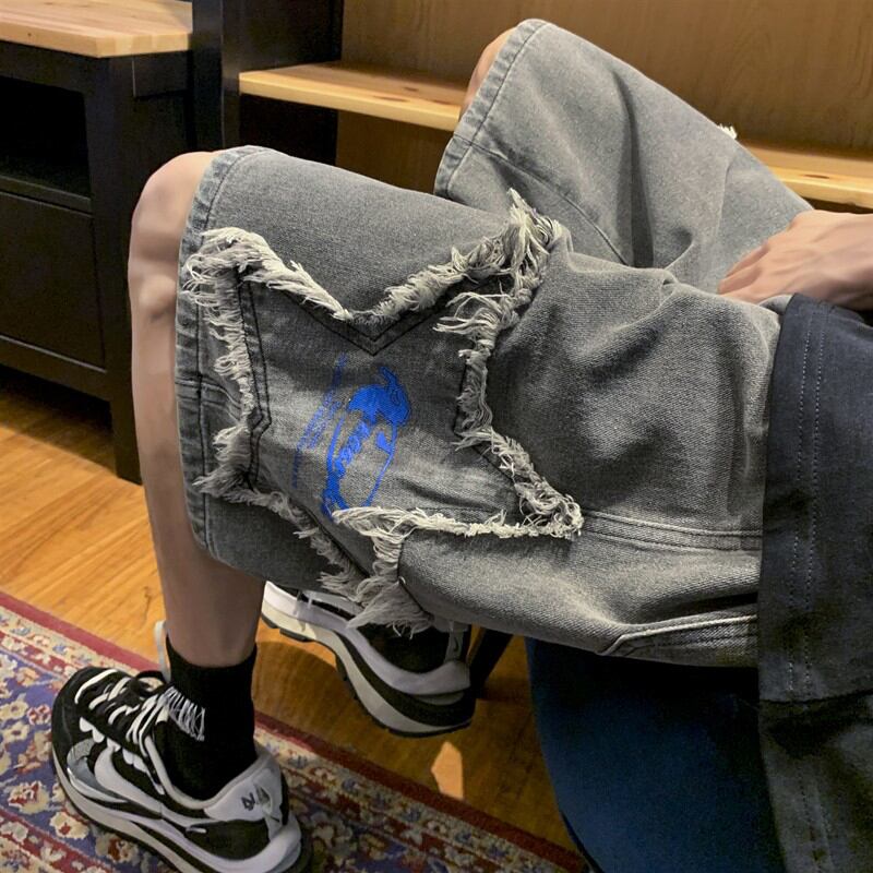 [Leonbinno Series] ★Shorts★ Denim pants 3color Casual Star Unisex Men's Gray Black Light Blue