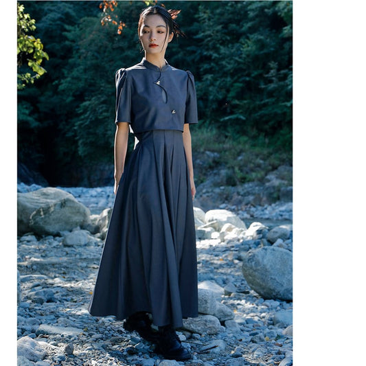 [Big Blue Dragon Series] ★China style dress★ Faux layered stand neck gray gray slimming wear