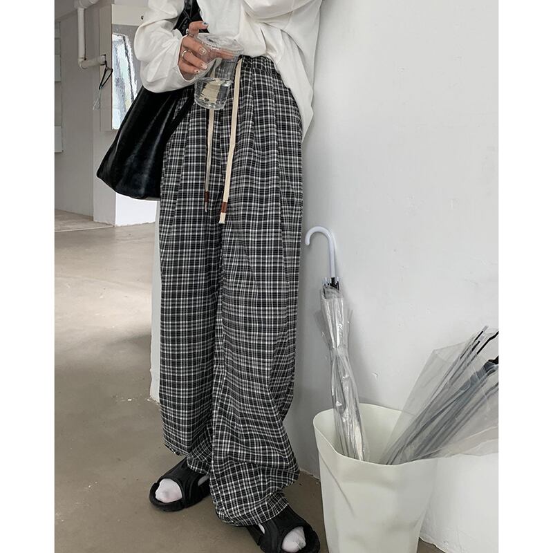 [Kumikumi Series] ★Casual Pants★ 2color Bottoms Trousers Casual Plaid Pattern Black Coffee Color Elastic Waist