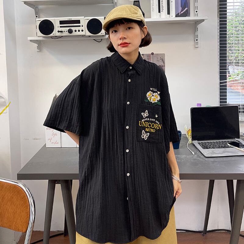 [PMFIVEE Series]★Shirt★ 2color Embroidery Tops Unisex Men's ML XL Retro Unique Brown Black