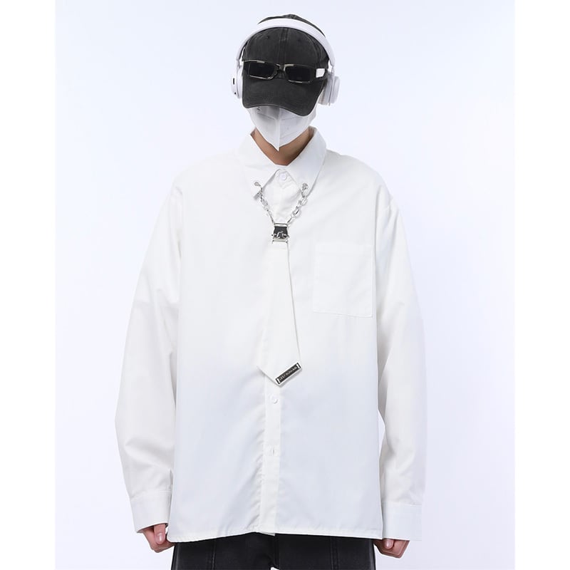 [KAER Series]★Shirt with tie★ Tops 2color Long sleeve shirt Short sleeve shirt Unisex Men's Large size Black White