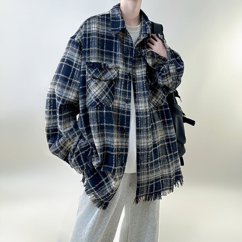 [V37 Series]★Outer★ Shirt outerwear jacket fringe unisex men's plaid fashion