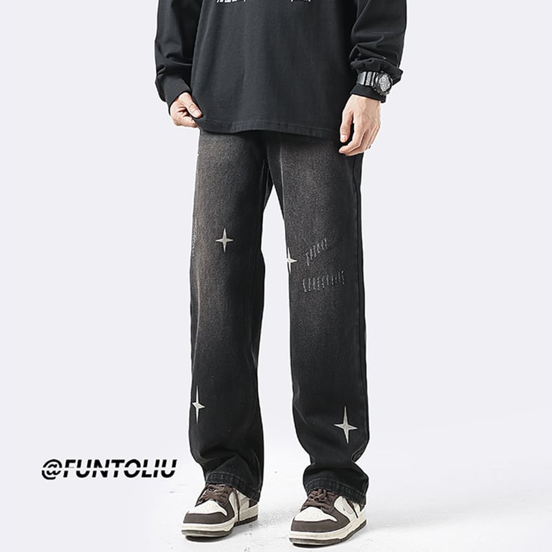 [OULUDE Series]★Denim Pants★ Bottoms Pants Unisex Men's Star Pattern Gray Black ML XL 2XL 3XL