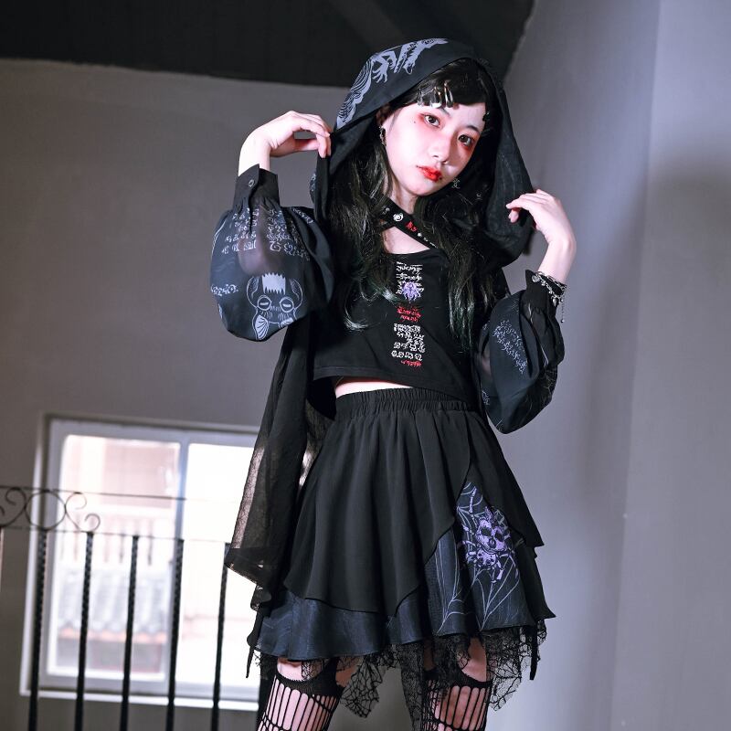 [Kokaisha---Monster CLUB Series] ★China style outerwear★ 2color tops with hat printed long sleeves summer spring thin sheer ML XL