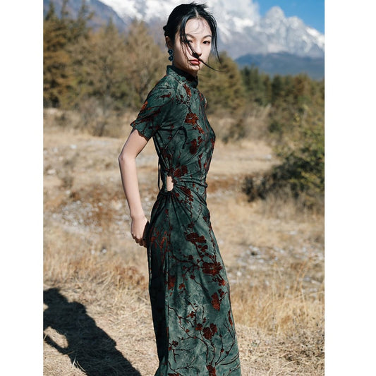 [Da Qinglong Shu Series]★China style dress★ Improved Chinese dress Sexy Velvet Long Length Original Photography Green Green Summer