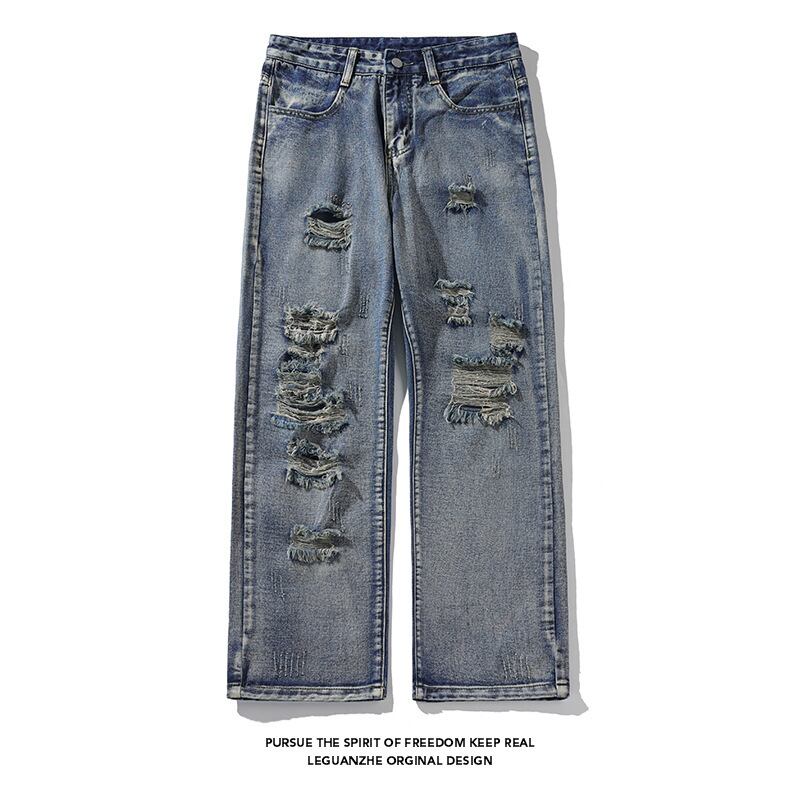 [BIGEMAN Series]★Denim pants★Bottoms Pants Unisex Men's Distressed Stylish Blue Blue